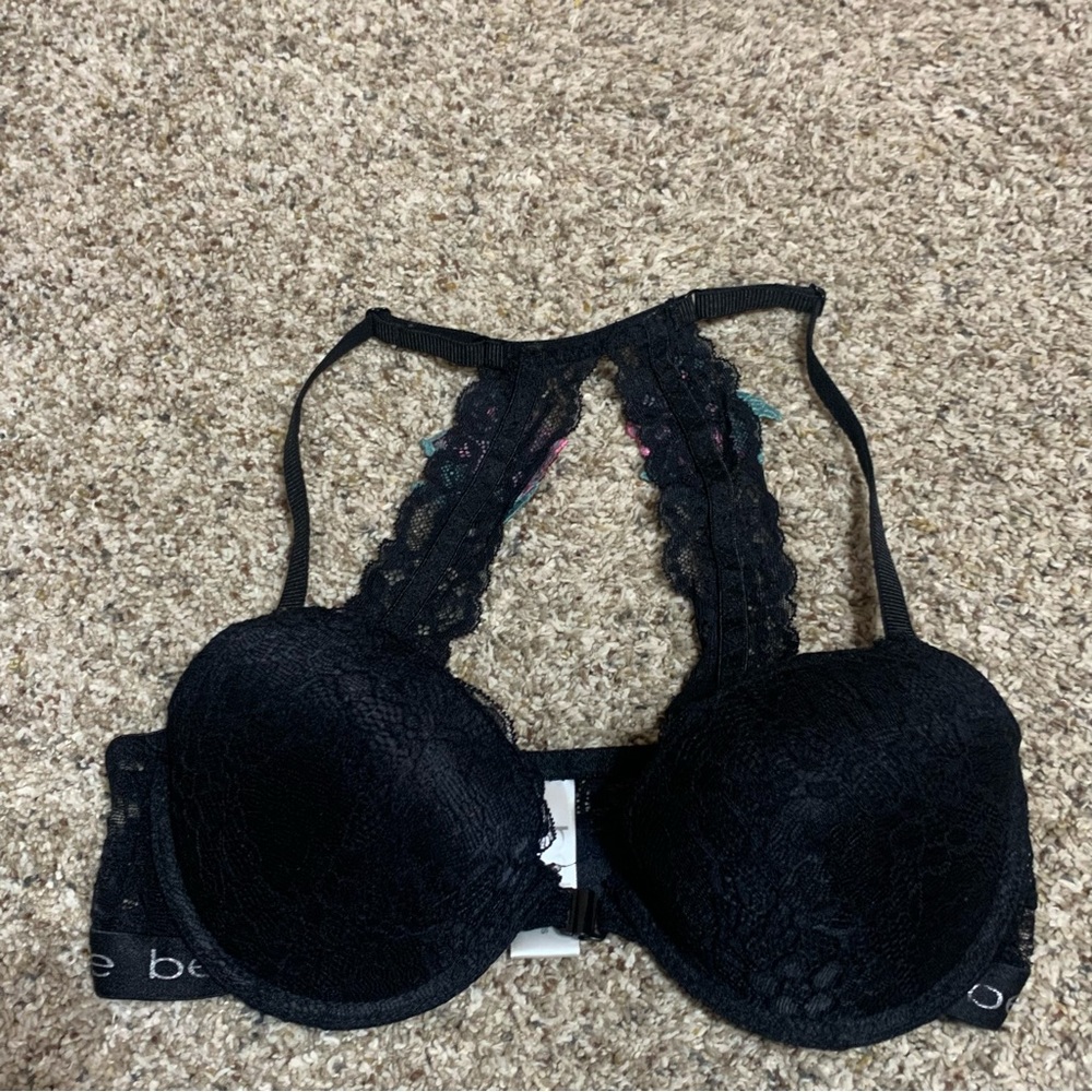 Women’s Bebe Push-Up Underwire Back Black Floral Lace Roses Front-Clasp 34B Bra